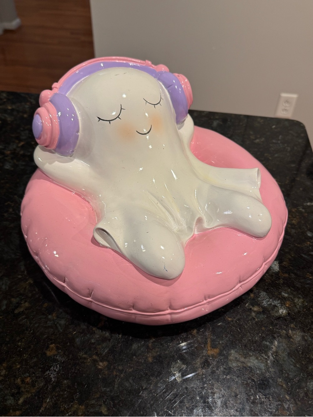 NEW Summerween Halloween ghost in pool float with pastel headphones 12” wide